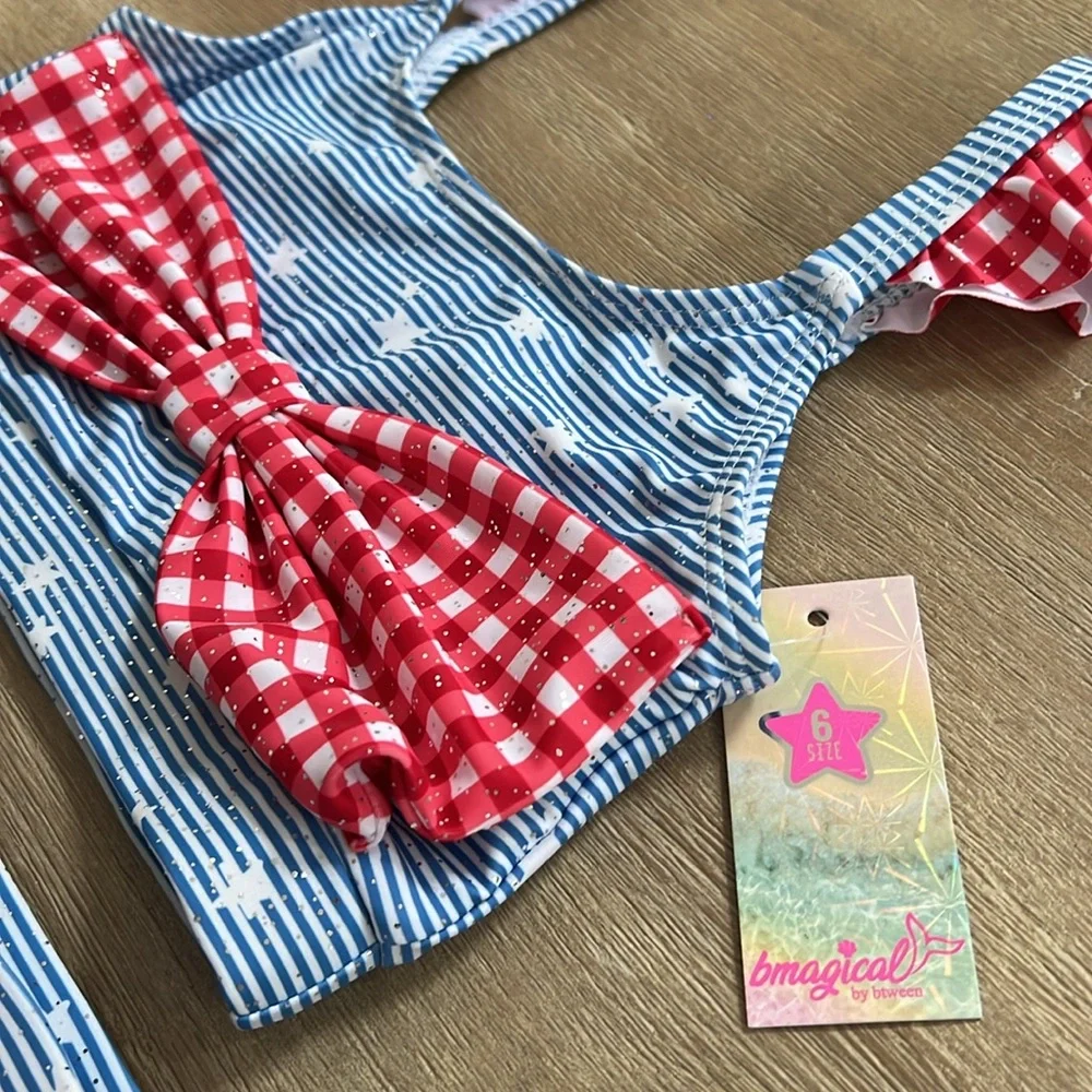 Btween Girls Americana Gingham Stars Sparkle 3 Piece Swim Set 5 Swimsuit